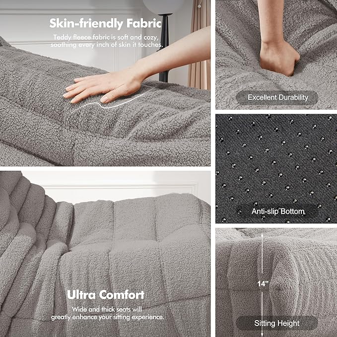 Bean Bag Chair Big Sofa Beanbag Chair for Adults Fireside Chair Bean Bag Lounger with Memory Foam Filled for Home,Apartment or Gaming Venue(Lightgrey Teddy)