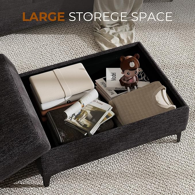 Upvilla 35" Large Storage Ottoman for Living Room, 7.8" Deep Seat Rectangular Ottoman Foot Rest for Couch, Chenille Storage Footstool Load 350 lb （Dark Dray）