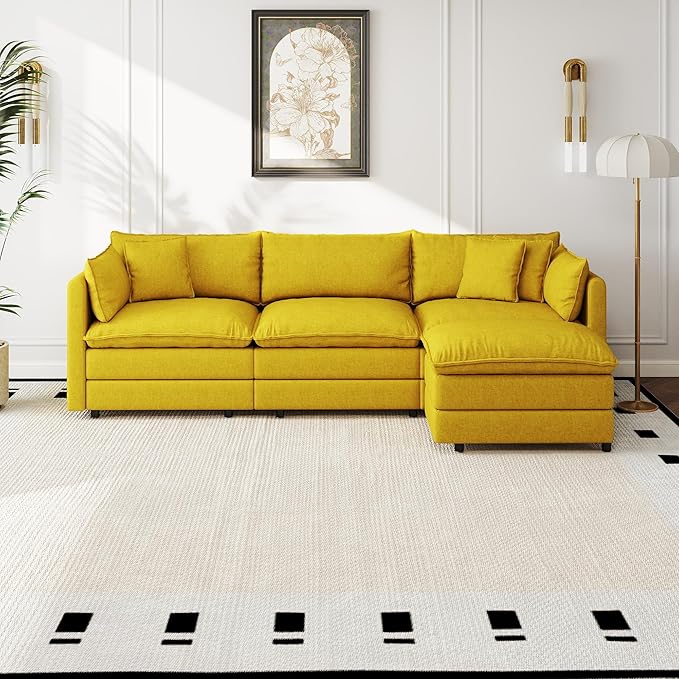 Aoowow Modular Sectional Sofa Modern Convertible L Shaped Couch,111.5 Inch Deep 3-Seater Sofas Set Comfy Chenille Cloud Sofas and Couches with Movable Ottoman for Living Room Apartment（Yellow）