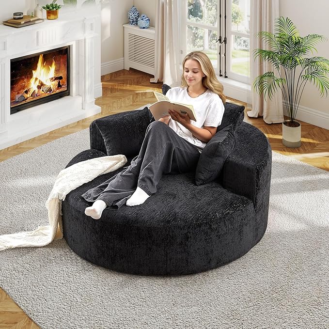 55"W Oversized Round Chair Lounge Chaise Indoor, Upholstered Comfy Circle Sofa Armchair, Modern Cozy Boneless Foam Floor Reading Chair for Living Room, Bedroom, No Assembly Required(Chenille, Black)