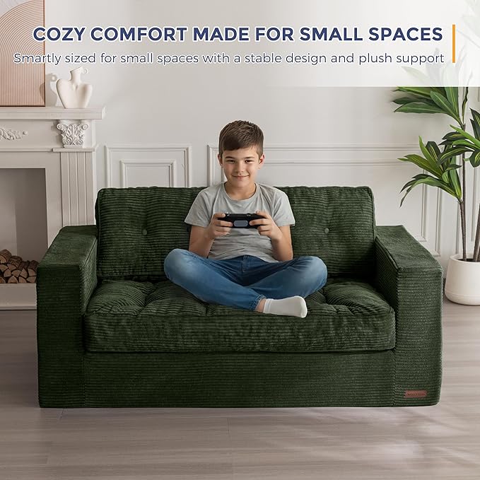 MAXYOYO Bean Bag Chair for Adults, Upholstered Floor Sofa with Armrests, Loveseat Boneless Couch with Tufted Cushion & Backrest, Sofa in A Box, Large Bean Bag Couch for Bedroom Living Room, Green