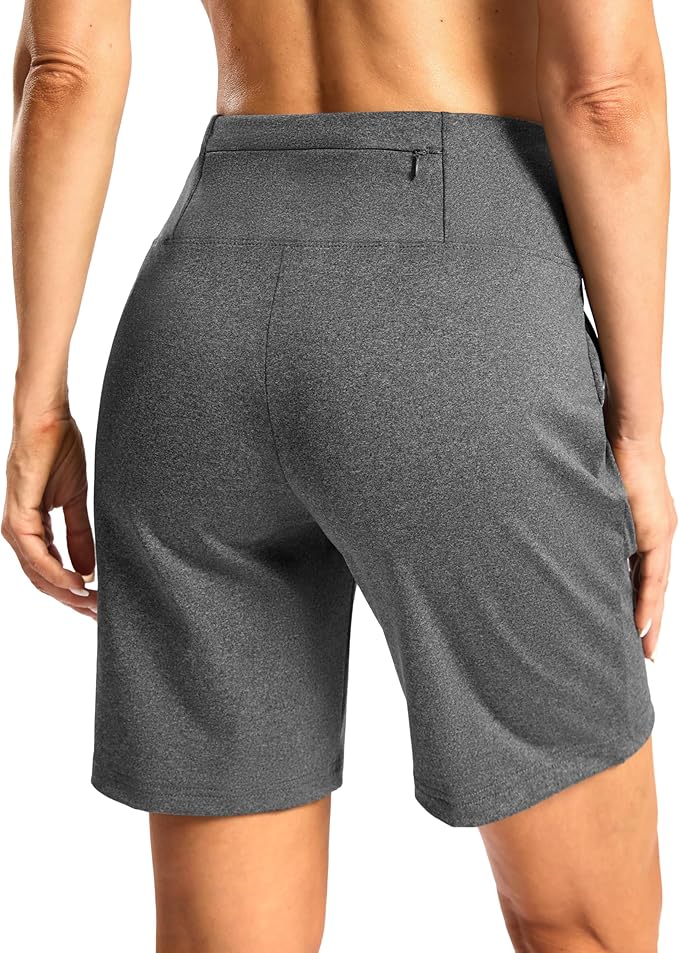 Women's Athletic Shorts with Zipper Pocket 7" High Waisted Stretchy Bermuda Shorts for Women Workout Running Casual