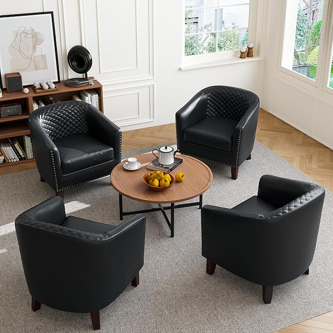 DREAMSIDEA Accent Barrel Chair, Upholstered Faux Leather Club Chair with Nailed Trim, Comfy Reading Armchair for Living Room Bedroom Reception Room Office (Black, Set of 1)