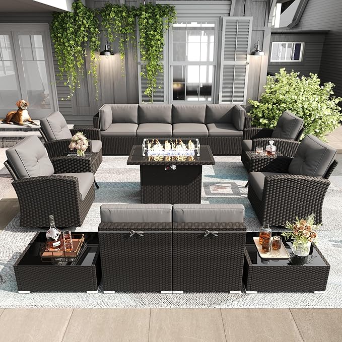LayinSun 15 Pieces Patio Furniture Set with Fire Pit Table, Black Rattan Modular Sectional Outdoor Conversation Sofa Set, Swivel Rocking Chairs Set
