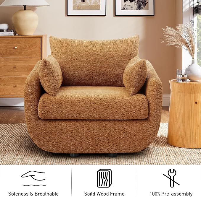 UNUQLIVCO 360° Swivel Accent Armchair Set of 2, 39.3" Oversized, Sherpa Boucle Fabric Sofa Chair with Removable Back & Arm Pillows, Swivel Chairs with Cozy Soft Padded, Curry