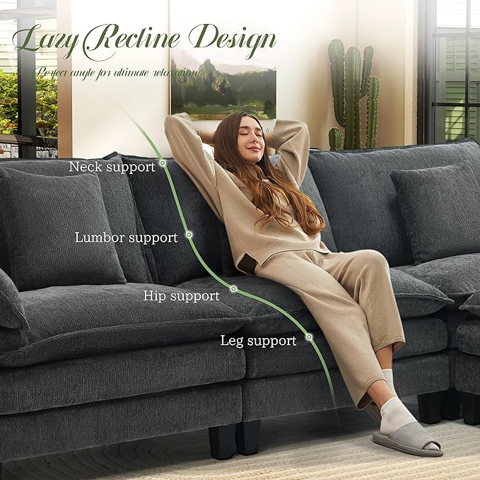 Modular Sectional Sofa, Comfy Cloud Couch with Movable Ottoman, Deep Seat Couches for Living Room, Bedroom and Apartment, 106" U Shaped Modern Sofa with Pillows, Grey