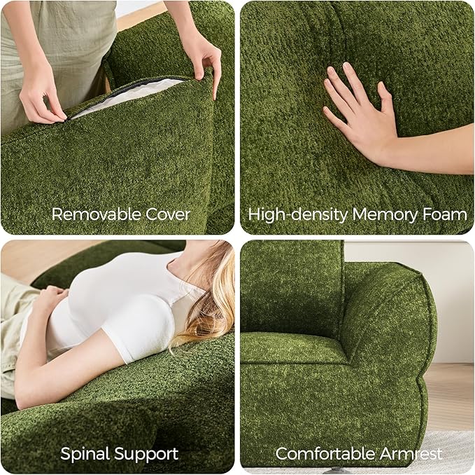 42.5" Single Cloud Sofa, Boneless Couch for Small Spaces, Modern Comfortable Upholstery Sofas with Pillows for Living Room, Apartment, Dorm, Office, Removable Cover, No Assembly Required, Algae Green