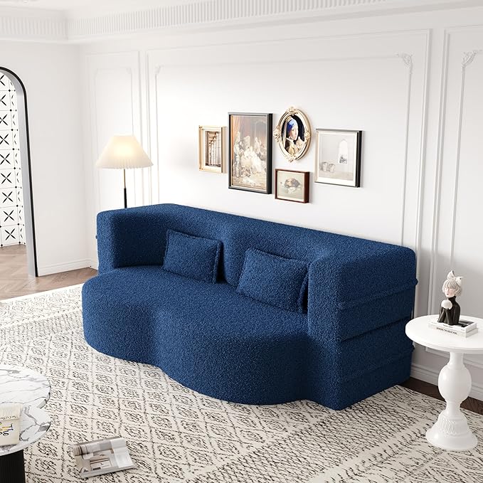 Modern Floor Sofa with 2 Pillows, Convertible Teddy Fabric Foam-Filled Sleeper Sofa Bed for Living Room, Guest Bed, Playroom, No Assembly Required, Blue