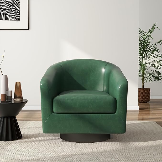 Swivel Barrel Chair, Modern Round PU Leather Accent Armchair for Living Room, Bedroom, Oversized Comfy Club Reading Chairs for Adults (Leather Green, Set of 1)
