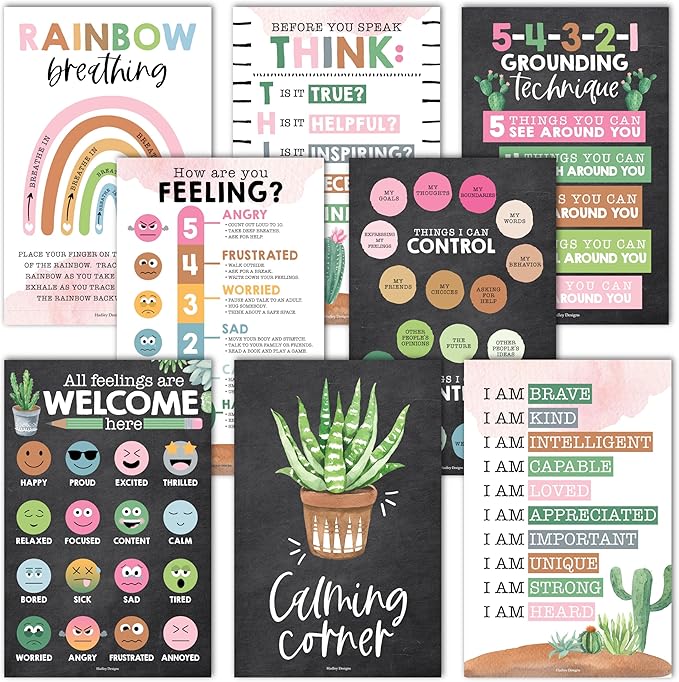 Hadley Designs 8 Calming Corner Posters For Classroom Must Haves For Teachers - 11x17 Calm Down Corner Supplies, Feelings Chart For Kids Ages 4-8, Toddler Emotions Chart, Cactus Classroom Decor