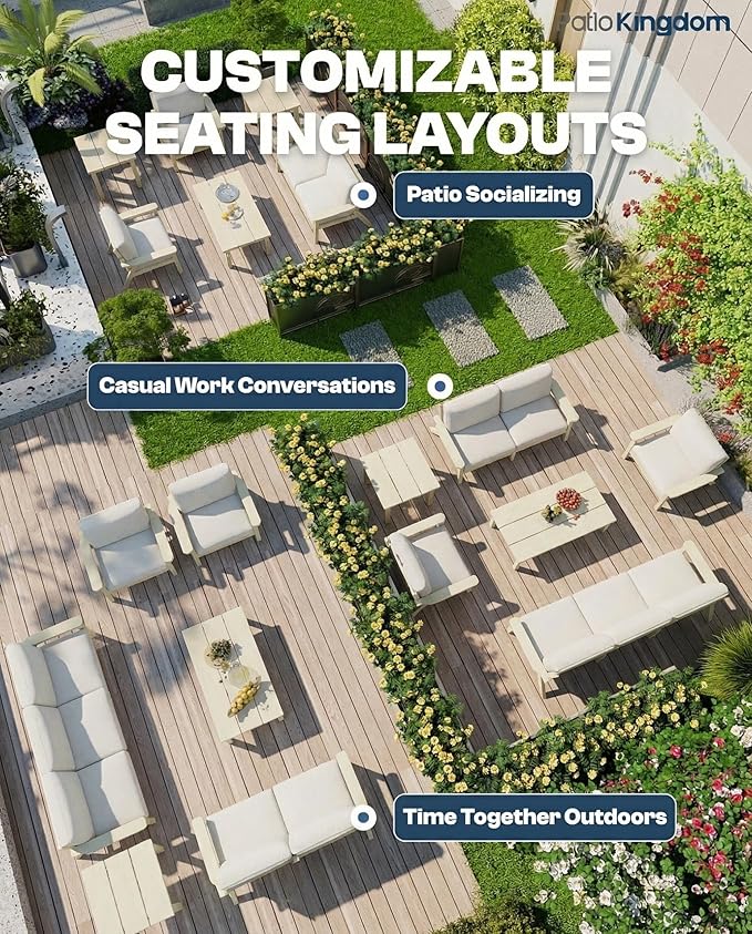 Patio Kingdom Patio Furniture Set 8 Seats, HDPE Outdoor Sectional with Beige Washable Thick Cushions, Coffee Table, Patio Conversation Sets for Lawn, Garden, Porch, Balcony, Deck (White Frame)