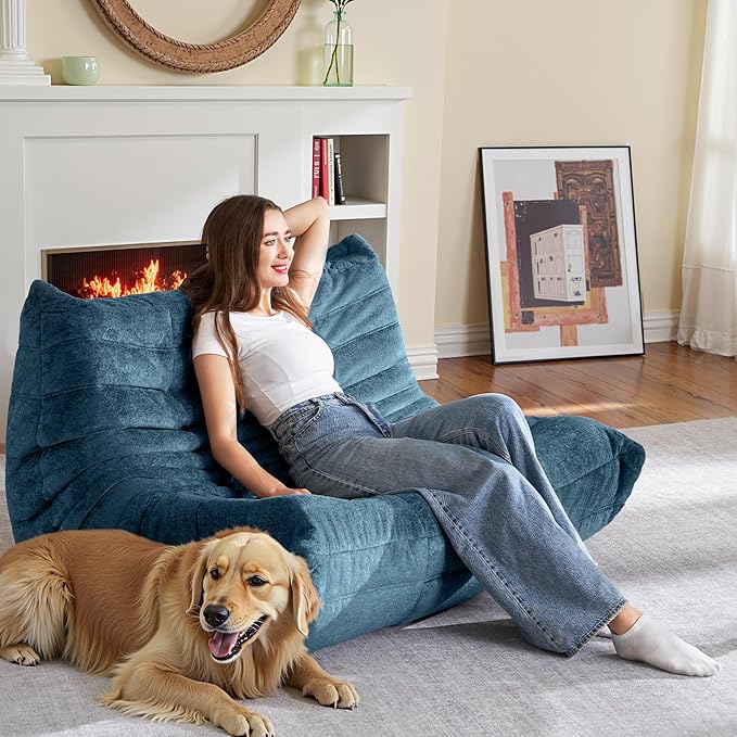 HABUTWAY Bean Bag Chair, Giant Bean Bag Chairs for Adults, Loveseat Fireside Chair, 2 Seater Lazy Bean Bag Sofa Memory Foam Couch for Living Room, Bedroom, Office (Navy Blue)