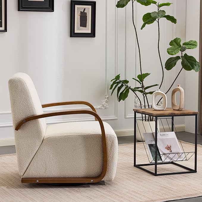 Swivel Accent Chair with Soild Wood Armrest, Modern Lounge Conversation Chair with Pillow, 360-Degree Rotation for Living Room, Office (Fabric, Beige)