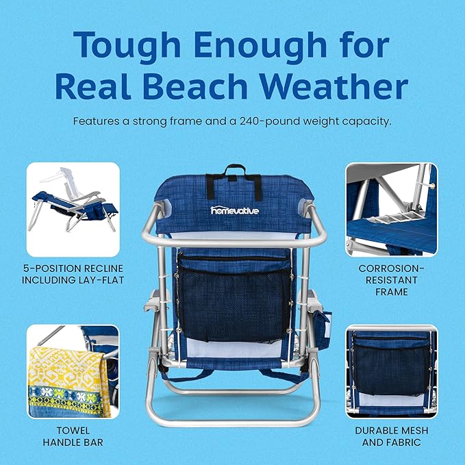 Homevative Backpack Fold-Up Beach Chair, 5 Positions, Towel bar, Cooler, Storage Pouch, Cup Holder and Phone Pocket