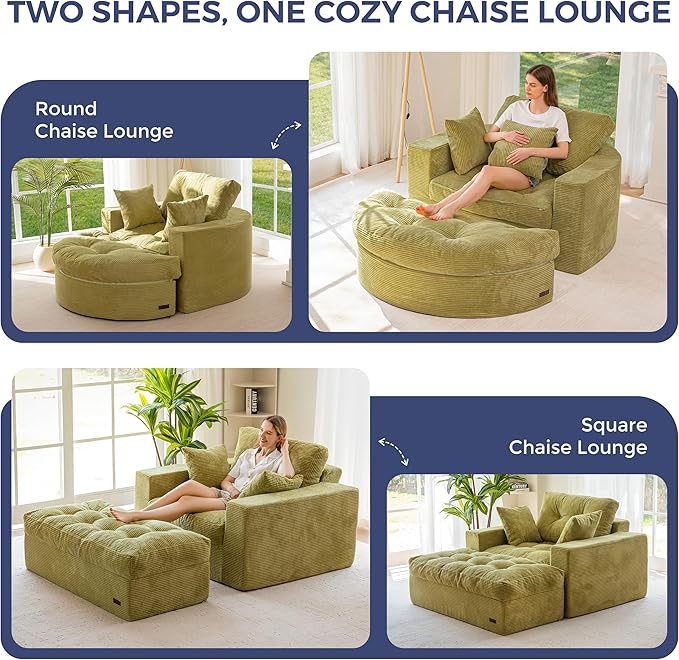 MAXYOYO Modular Sectional Chaise Lounge Sofa, 2 Sets Upholstered Lounge Chair with Ottoman, Comfy Round+ Square Couch with Layered Cushion, Tufted Sleeper Chair for Living Room, No Assembly, Green