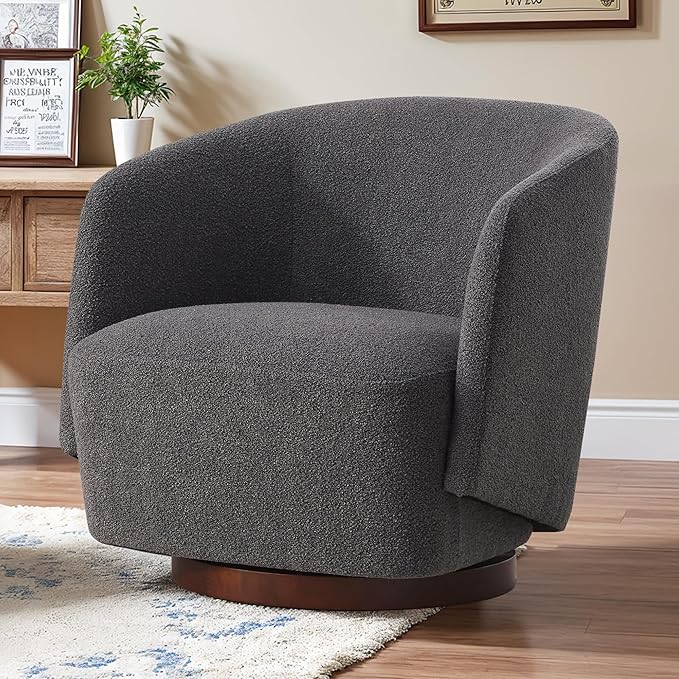 Boucle Swivel Accent Chair, No Assembly Upholstered Armchair with Rubberwood Base, 360° Rotating Barrel Chair for Living Room, Bedroom, Apartment & Reading Nook (1, Grey)