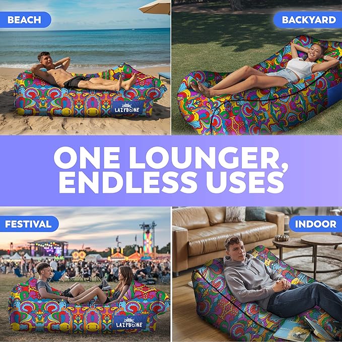 Chillbo LazyBone Inflatable Couch – Quick-Inflation Flapper System, Fun Prints, No-Pump Setup, Ripstop Polyester, Portable Air Lounger for Beach, Camping, Festivals, & Hiking