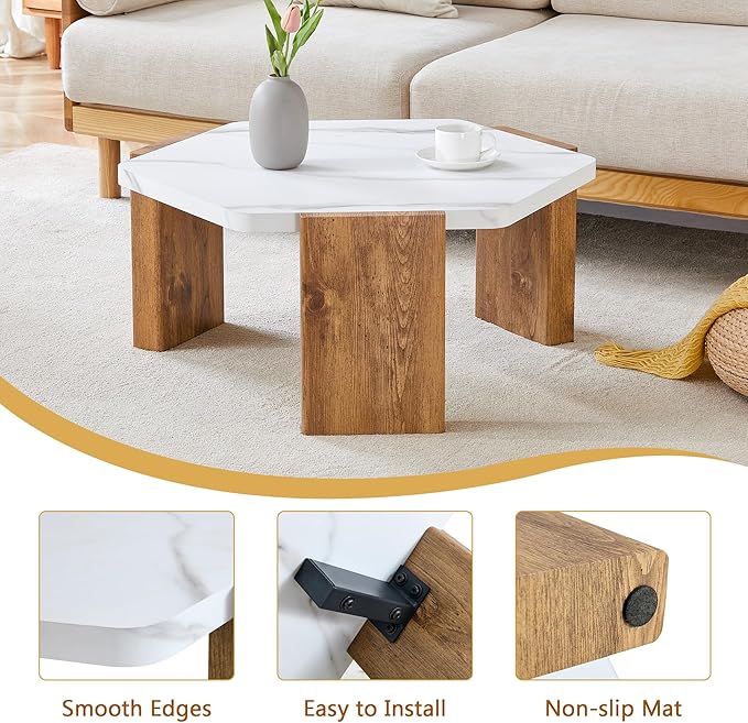31" Modern-Style Hexagonal Coffee Table with White Marble Surface