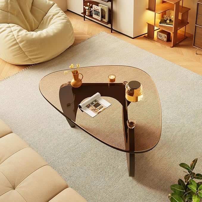 LUCKIIA Coffee Tables Glass Small Farmhouse Coffee Table Mid-Century Modern Wood Center Table for Living Room, Black Brown, 45 Inch