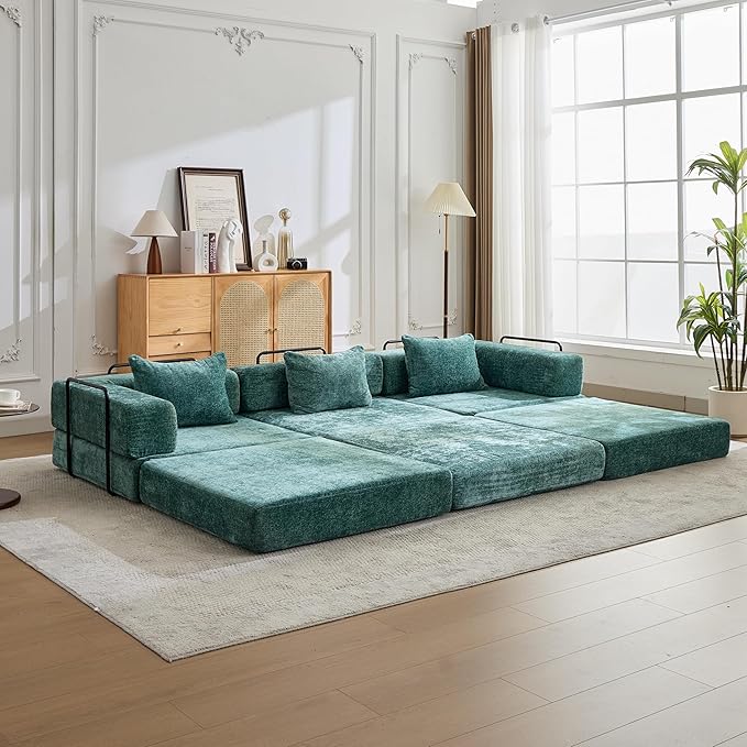 79" Convertible Sofa Bed with Pillows, Corduroy Folding Sleeper Sofa with Fixed-Shape Frame, Boneless Couch for Living Room Bedroom, Floor Sofa Lounge No Assembly Required (Modular Sofa - Green)