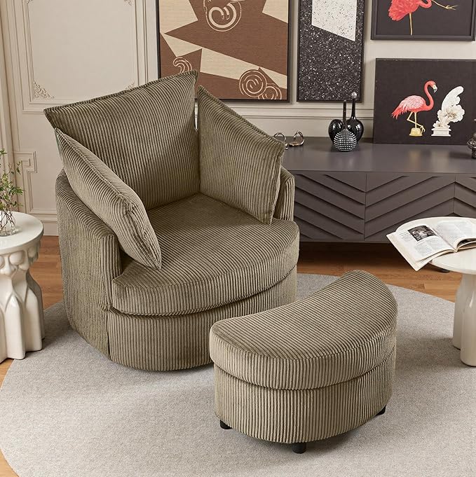 Chorlenimi Swivel Accent Chair Round Barrel Armchair Upholstered Living Room Chair Corduroy Reading Chair Single Sofa Chair for Bedroom Apartment Office (Brown, Upgrade 1Seater+ Ottoman)