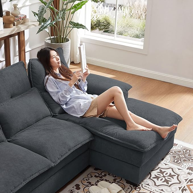 Jarenie 110“ Convertible Sectional Sofa, U Shape Cloud Couch, Comfy Couches with Double Chaise and Sleepable Armrests, 4 Seats Sectional Couches for Living Room, Dark Grey
