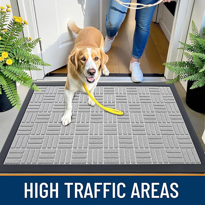 OLANLY Front Door Mat Outside Entrance 47x17, Absorbent, Heavy Duty Sturdy Natural Rubber Doormat Indoor Outdoor, Non-Slip, Stain and Fade Resistant, Low Profile Floor Mat for Entryway, Light Gray