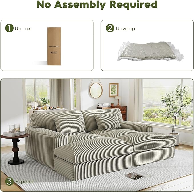 83" Oversized Chaise Lounge Sofa Chair Indoor，Soft Corduroy Fabric, Boneless sofawith Cushion，A Comfortable, deep-Seated Cloud Sofa for use in The Living Room.(2-Seater-Gray)