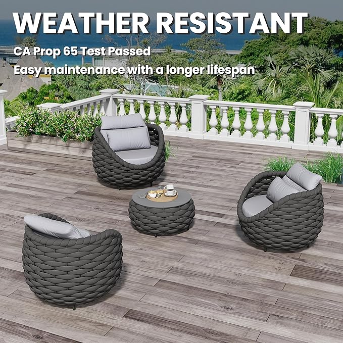 Erotr 4 Pieces Courtyard Seating Set: Aluminum Woven Rope Patio Furniture Chair Set - All Weather Metal Outdoor Conversation Set - Assembled Armchair w/Table for Bistro Deck Porch Balcony Apartment