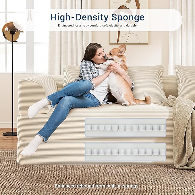 Cloud Boneless Convertible Sleeper Sofa Bed for Living Room 89" 4-in-1 Foldable Compressed Lounge 3 Seater Floor Couches High-Density Sponge & Corduroy Fabric Multi-Form Pull Out Futon Daybed(Beige)