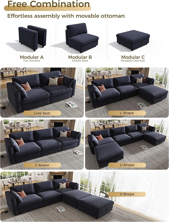 KKL Modular Sectional Sofa Couches for Living Room, 113" Sofa Couch with Adjustable Backrest, 3 Seater Sofa Couch with Comfy Cushion, Chenille, Blue