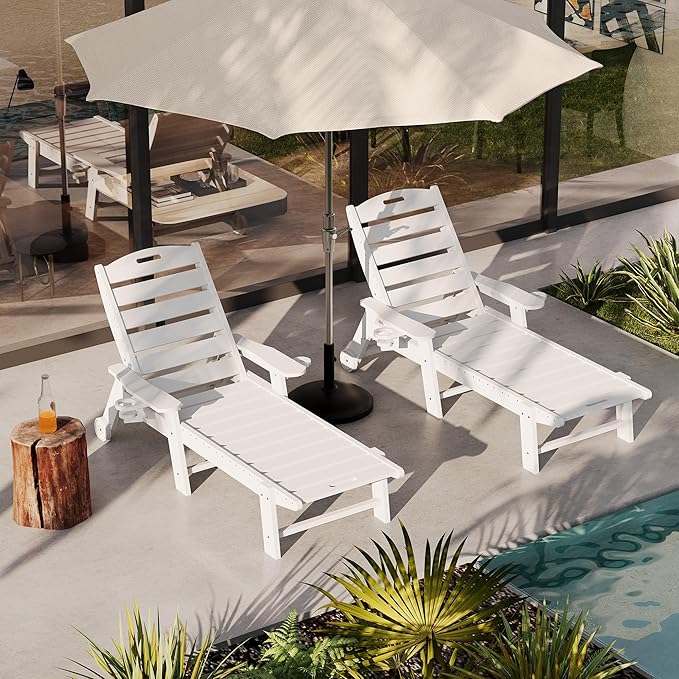 GarveeLife Outdoor HDPE Chaise Lounge with Rolling Wheels, Oversize HDPE 5-Position Pool Lounge Chairs, Pool Lounges Chairs
