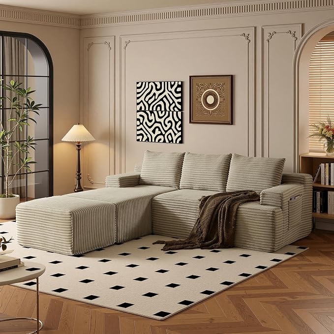 96" Sectional Couches for Living Room Cloud Couch Sofa with L-Shape Upholstered Boneless Couchs Modern Modular Sectional Couch with Chaise (Camel, 96" W+Left Facing Chaise+2Seaters+Ottoman)