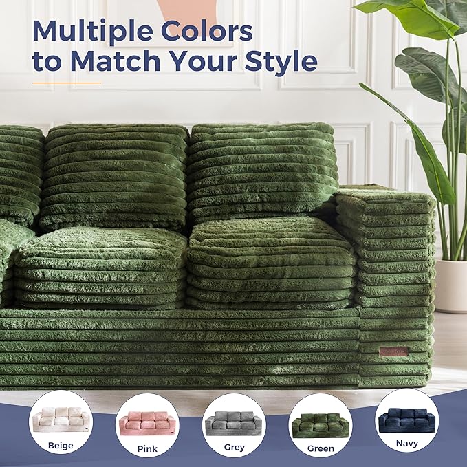 MAXYOYO 3-Seater Boneless Sofa Couch, Modern Faux Fur Sofa for Living Room, Soft Bean Bag Chair High-Density Foam Couch with Pillows, No Assembly Required