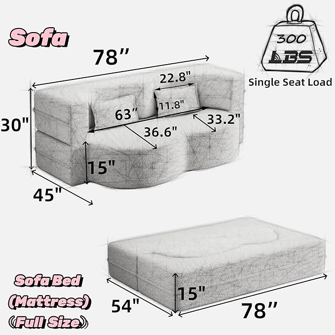 Modern Floor Sofa with 2 Pillows, Convertible Plush Corduroy Foam-Filled Sleeper Sofa Bed, Full Size Folding Mattress for Living Room, Guest Bed, No Assembly Required, Black
