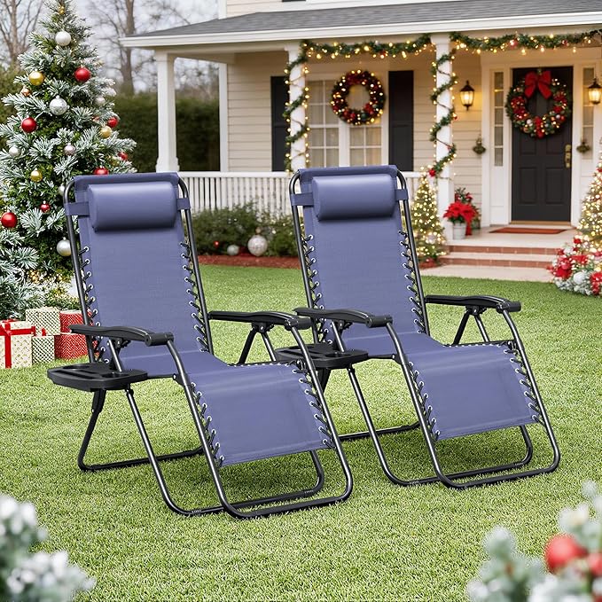 Homall Zero Gravity Chair Patio Folding Lawn Outdoor Lounge Gravity Camp Reclining Lounge Chair with Cup Holder Pillows for Poolside Backyard and Beach Set of 2 (Blue)