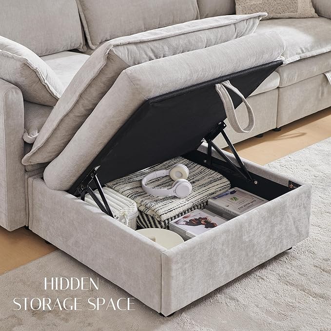 112.6" Sectional Couches for Living Room, Cloud Couch Sectional with Large Storage, U-Shape Modular Sectional Sofa with Ottoman, 6 Seater Chenille Sofa with Pillow for Apartment, Bedroom, Light Gery