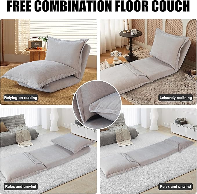 CHARMMA Convertible Flip Chair: Floor SofaBed with Adjustable Backrest andPillows, Beige, 31lbs