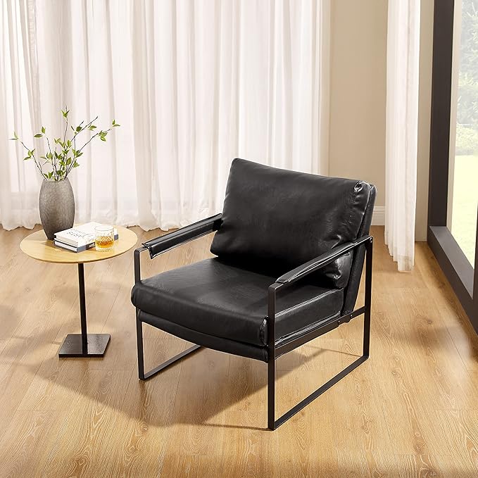 Volans Mid Century Modern Accent Chair with Arms for Living Room, Faux Leather Accent Chairs for Lounge, Metal Frame Armchair Reading Chair Single Sofa for Bedroom Office, Black
