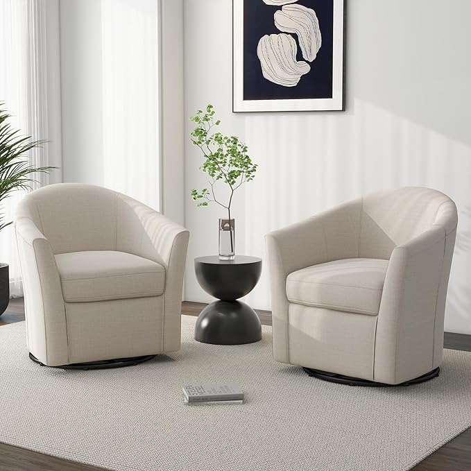 DREAMSIDEA Swivel Accent Chair Armchair, Modern Round Single Sofa Seating Comfy Reading Barrel Chairs for Living Room Bedroom (Beige, Set of 2)