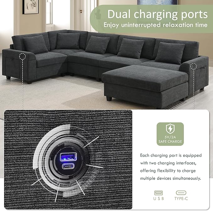 Furnimart 128" U Shaped Sectional Sofa, 5 Seat Chenille Couch Set with Oversized Chaise Lounge, Hidden Armrest Storage and Cup Holders, USB Charging Ports, Deep Seat Sofa for Living Room, Beige