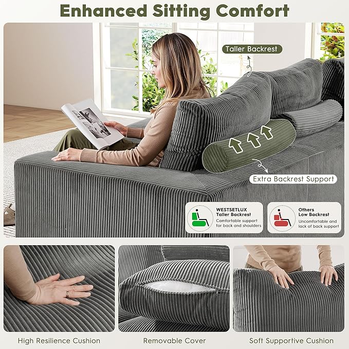 WESTSETLUX 108” Cloud Sectional Sofa Couch with High-Seat, Corduroy Modular Sofa with Oversized Chaise, High-Back Modern L-Shaped Couches for Living Room, No Assembly Required (Grey)