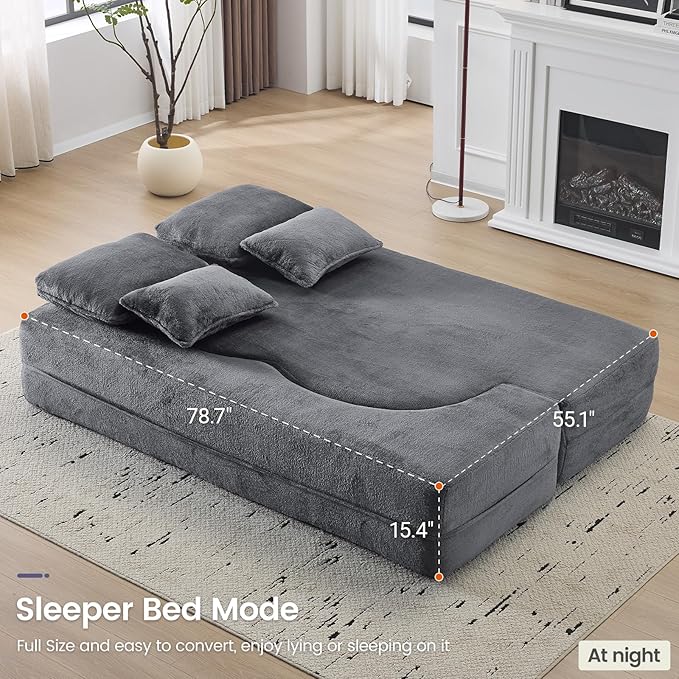 Orynveela Convertible Folding Sofa Bed, 78” Full Size Floor Sleeper Couch, Chenille Full Foam Futon Loveseat for Living Room Bedroom, No Assembly Required (Grey)