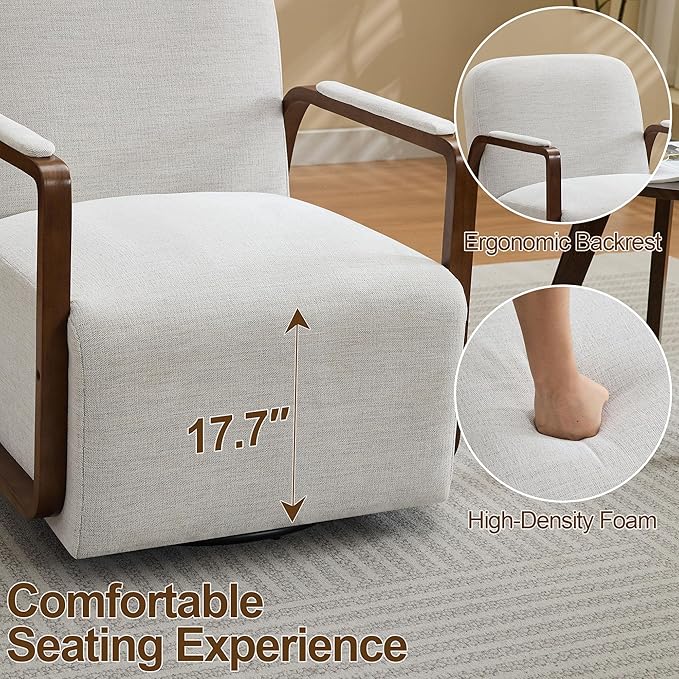 CACFTII 32" Chenille Upholstered Swivel Accent Chairs Set of 2, 360° Rotating Metal Base Modern Lounge Chair with Wooden Armrests for Living Room Bedroom, Beige