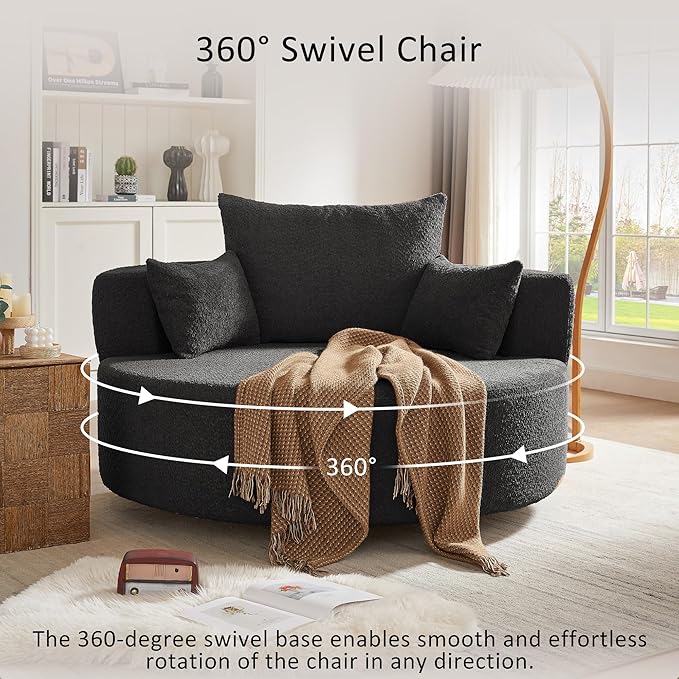 Merax 360° Swivel Chair, Chenille Fabric Accent Barrel Chair, Swivel Round Sofa Chair with 3 Removable Pillows for Living Room, Bedroom, Office and Hotel, Black
