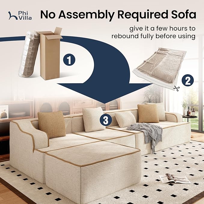 PHI VILLA Cloud Modular Couches, 105" Boneless Sectional Sofa with Deep Seat, 3-Seater Couch for Apartment Living Room Small Spaces, No Assembly Required, Corduroy, Beige