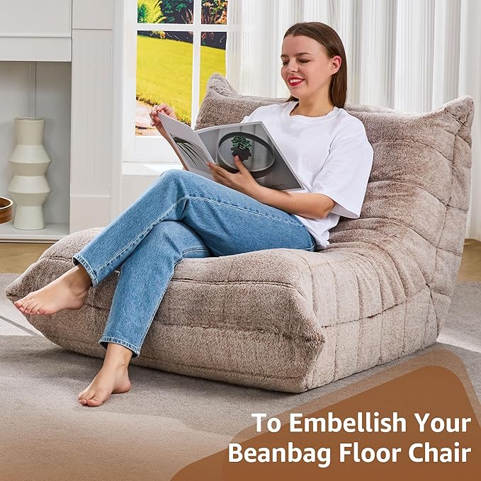 Bean Bag Chairs for Adults Giant Bean Bag Chair Memory Foam BeanBag Chair Bean Bag Sofa with Filler Faux Fur Fireside Beanbags Lazy Sofa for Living Room Bedroom Office (Brown Plush, Single)