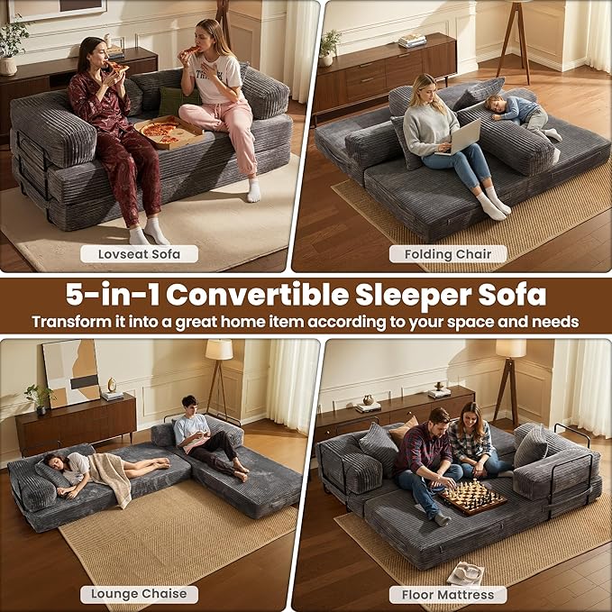 ovios 81" Folding Sofa Bed, Foldable Sleeper Boneless Couch with Pull Out Beds, Modular Convertible Floor Futon Loveseat Lounger for Living Room (Corduroy, Grey)
