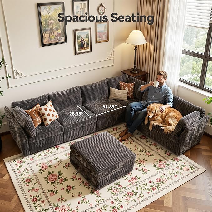 CAODOC Large 7 Seat Modular Sectional Sofa with Ottoman Seat Corduroy Sleeper Sectional Sofa Bed Oversized Convertible Modular Couch for Living Room