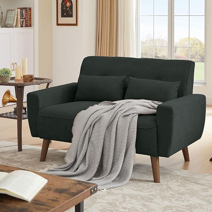 48" Loveseat Sofa, 2 Seater Love Seat Mid Century Modern Small Couches for Living Room Bedroom Apartment, 2 Throw Pillows and Plastic Legs, Black